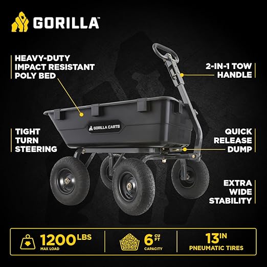 Gorilla Carts Heavy-Duty Poly Yard Dump Cart, 6 Cu Ft Tub, 1200 lb Haul Capacity, Black – Towable Utility Wagon with Quick-Release Dumping & Pneumatic Tires for Landscaping and Gardening