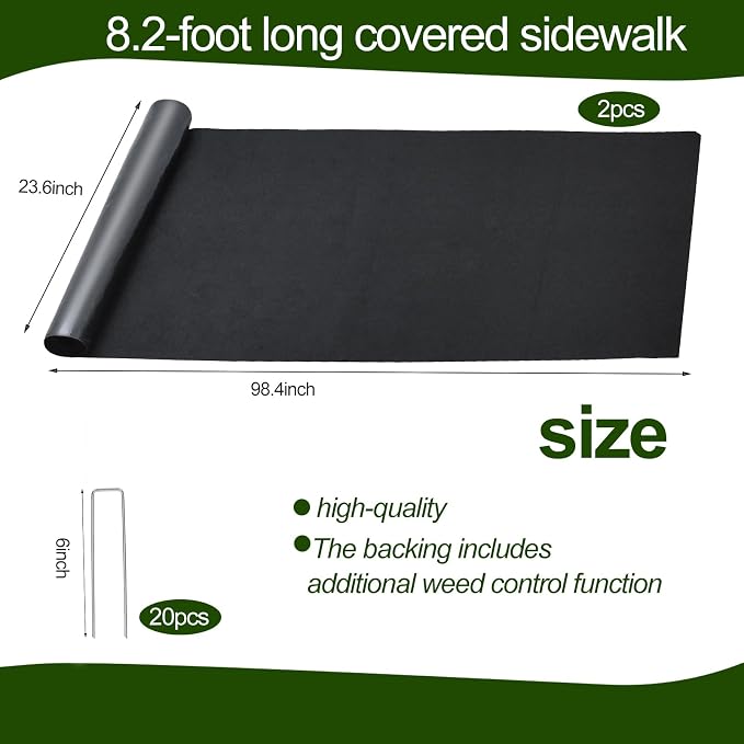 2Pcs Recycled Felt Mulch Mat Roll for Landscaping 8.2'x2' Black Garden Pathway Reusable Fabric Walkway Mat Permanent Mulch Sturdy Bed Liner Edging Border for Plants Vegetables Flower Weed Barrier