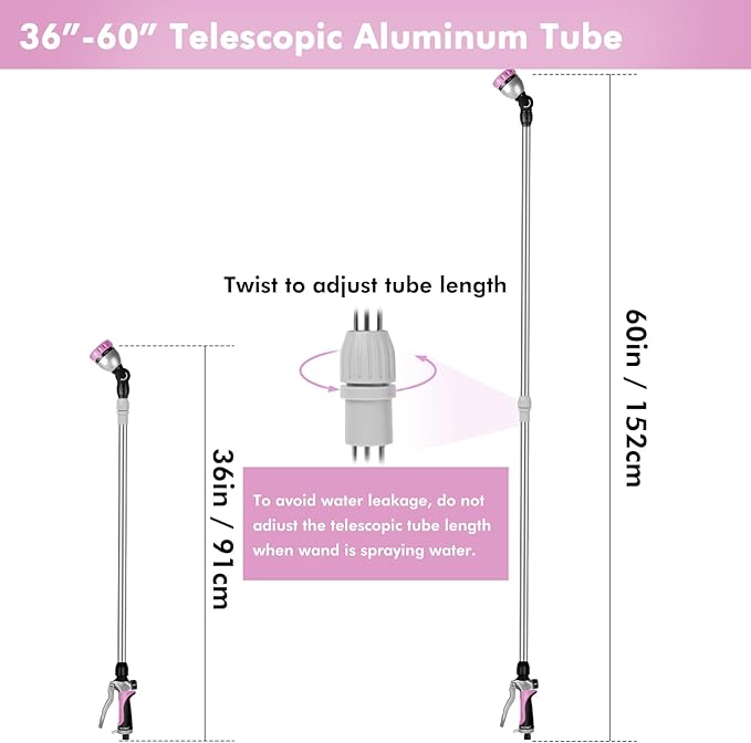 RESTMO 36”-60” Metal Watering Wand, Long Telescopic Tube | 180° Adjustable Ratcheting Head | 7 Spray Patterns | Flow Control, Perfect Garden Hose Sprayer to Water Hanging Baskets, Shrubs, Pink