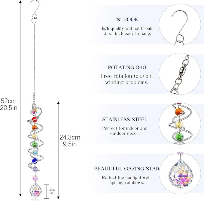 H&D HYALINE & DORA 5 Pack Sun Catchers Crystal Suncatchers for Windows Hanging Gazing Ball Spiral Tail Wind Spinners for Yard and Garden Indoor Home Decor
