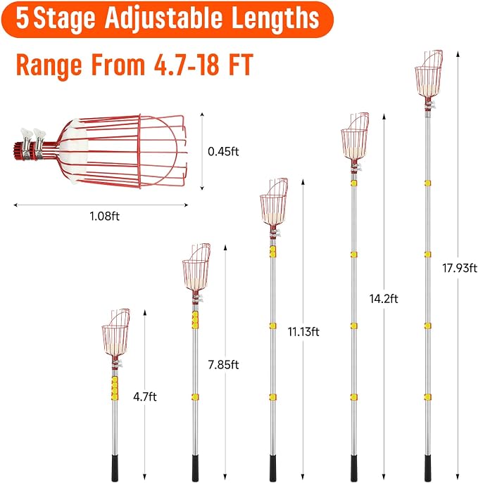 SANLIKE Fruit Picker Pole with Basket 18FT Adjustable Higher Lightweight Fruit Grabber Tool with Extension Pole for Apple Avocado Lemon Peach Pear Mango and Other Fruit Tree Harvester