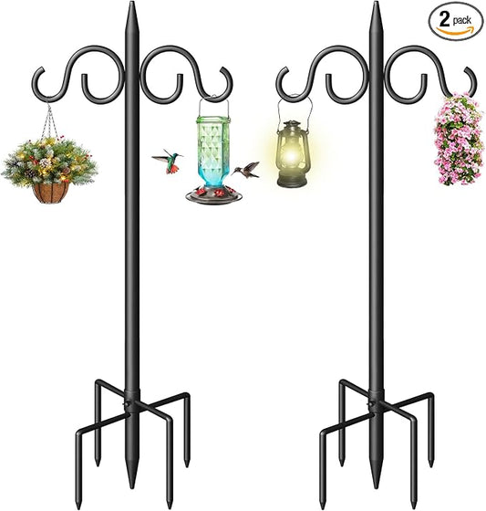 Double Shepherds Hooks for Outdoor, 108 Inch Heavy Duty Bird Feeder Pole with 5 Prongs Base, Adjustable Shepherds Hook for Bird Feeder, Garden, Weddings, Hanging Plant, 2 Pack