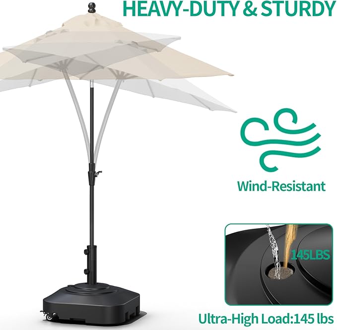 QZER Umbrella Base with 5 Wheels, Upgraded 145lb Umbrella Stand Base, Heavy Duty & Windproof, Fillable Umbrella Base Mobile Umbrella Outdoor for Patio, Deck, Poolside, Lawn, Fits Most Sized Umbrellas