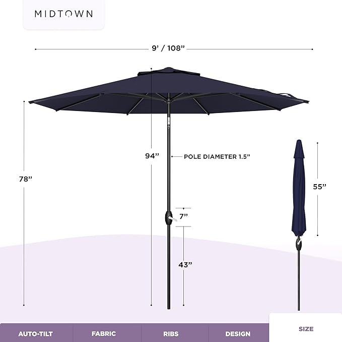 Midtown Umbrellas - 10-Year-No-Fade 9 Ft Patio Umbrella with Terylast Fabric, Auto-Tilt Aluminum Frame and 8 Reinforced Ribs for Deck, Pool, Garden & Beach - Navy Blue Canopy, Black Pole