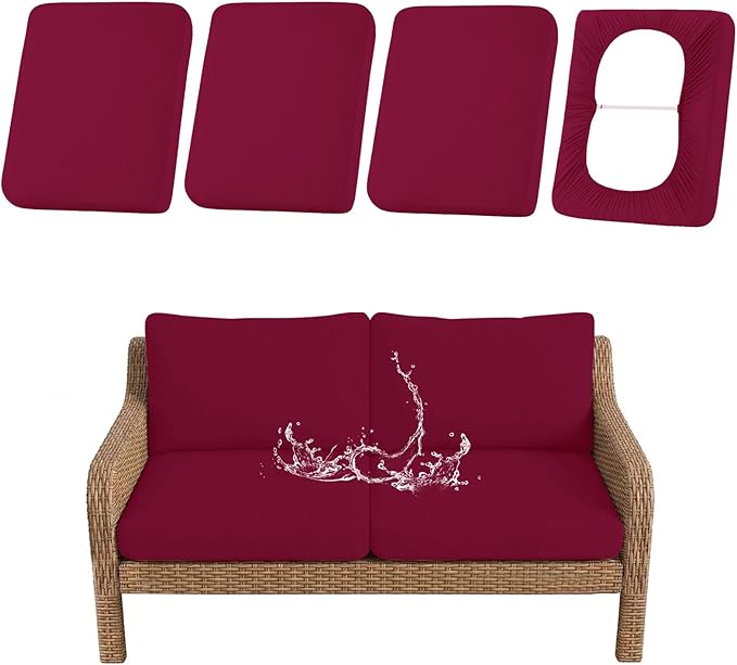 hyha Waterproof Outdoor Cushion Covers for Patio Furniture, Stretch Patio Chair Cushion Slipcovers, Coated UV Resistant Replacement Seat Covers, Solid Color (Wine Red, 4PC)