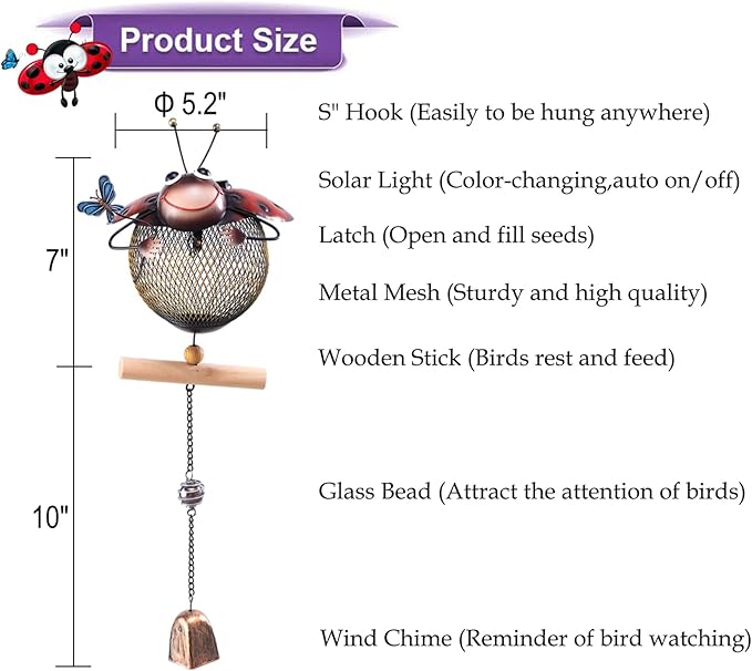 Solar Ladybug Wild Bird Feeders Squirrel Proof for Outside - Unique Cute Metal Ladybug Bird Feeder with Solar Light, Wind Chime, Gift for Bird Lovers(Ladybug)
