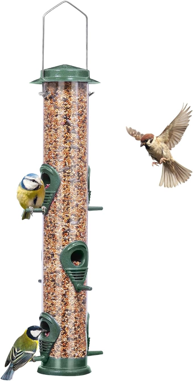 ERYTLLY Metal Bird Feeders 6 Port Tube Bird Feeder for Wild Birds, 1.4mm Extra Thick Solid Tube Transparent with Steel Hanger Bird Feeders 16.5 Inch for Outside