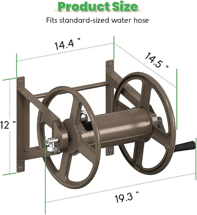 Garden Hose Reel Wall Mounted, Heavy-Duty Water Hose Holder Winder with 3.9 ft Leader Hose & Brass Fitting, Hose Hanger Storage Rack Holds 125-Feet of, 5/8-Inch, for Yard Lawn Farm, Brown