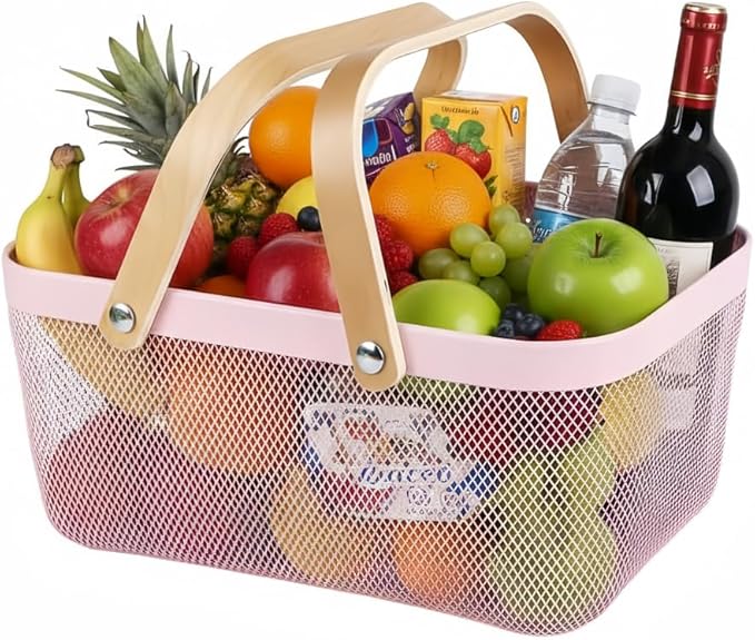 Portable Mesh Harvest Basket - Natural Bamboo Handle Foldable Organizer for Kitchen, Garden & Picnic | Ventilated Storage Bin with Rust-Proof Wire, Space-Saving Farmhouse Decor (Pink)
