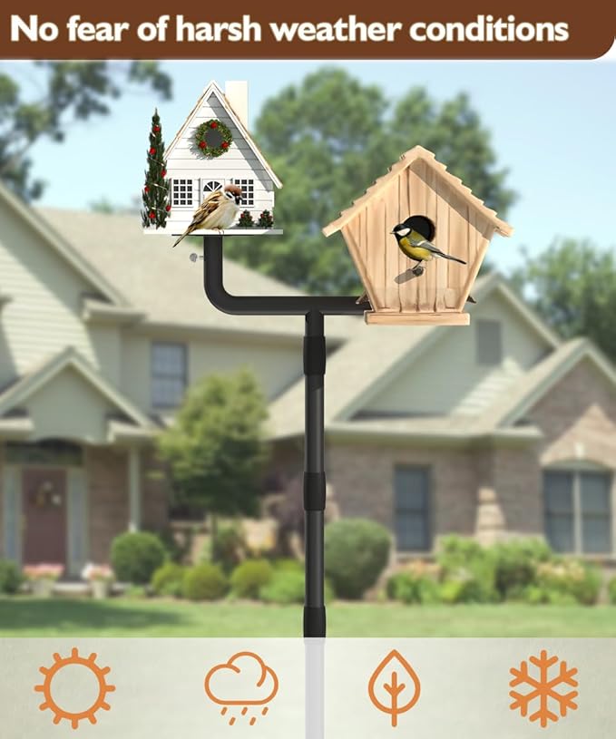 Garbuildman Upgraded Smart Bird Feeder Pole for 2 Birdhouses with Reinforced 5-Prong Base, Adjustable Birdhouse Pole for Outdoors, 2-in-1 Bird Feeder Stand Mounting Kit for Wild Birds Watching, Black