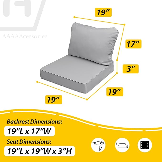 AAAAAcessories Outdoor Seat Cushions for Chairs, Fade-Resistant, Waterproof Patio Furniture Replacement Cushions, 19" x 19" x 3" + 19" x 17", Gray