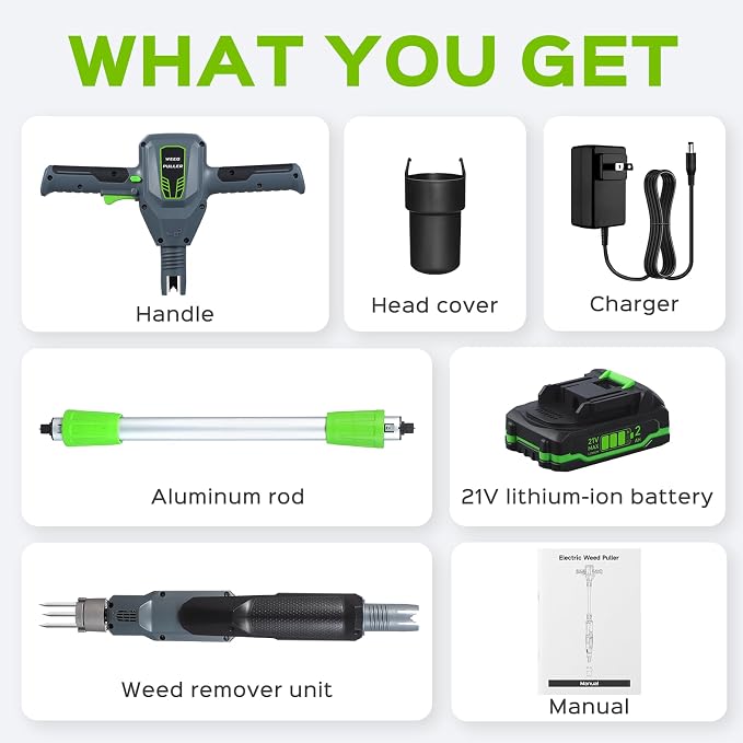 Weed Puller Tool, 21V Powerful Garden Tools Electric Weeding Tool with 2.0Ah Battery and Charger, Gardening Tools Weeder Tool with 3-Claw Steel Head for Smooth Weeding, Gifts for Men Women