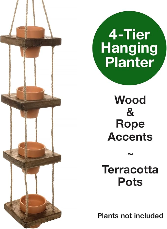 EXCELLO GLOBAL PRODUCTS Rustic 4-Tier Wooden Hanging Planter with Distressed Finish - Farmhouse Style. Comes with 4 Terracotta Pots, Ready for Hanging.