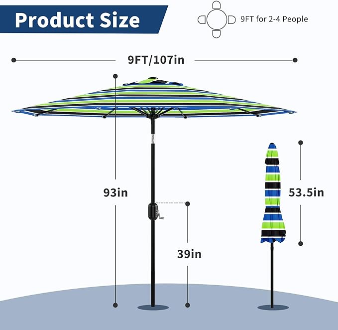 Garvee 9 ft Patio Umbrella - 8 Sturdy Ribs Outdoor Table Umbrella with Crank Lift & Push Button Tilt - Market Umbrella for Pool, Deck, Yard, Garden - Tricolor Stripe