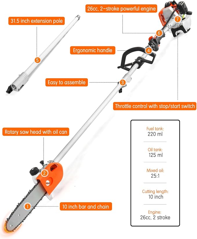 NEO-TEC 26CC Gas Pole Saw 6.9-9.5 FT Pole Chainsaw for Tree Trimming with 2.67 FT Extension Pole | 10" Chain Saw,90°Adjustable Head, Automatic Lubrication | Cuts Limbs Up to 8 Inches Thick