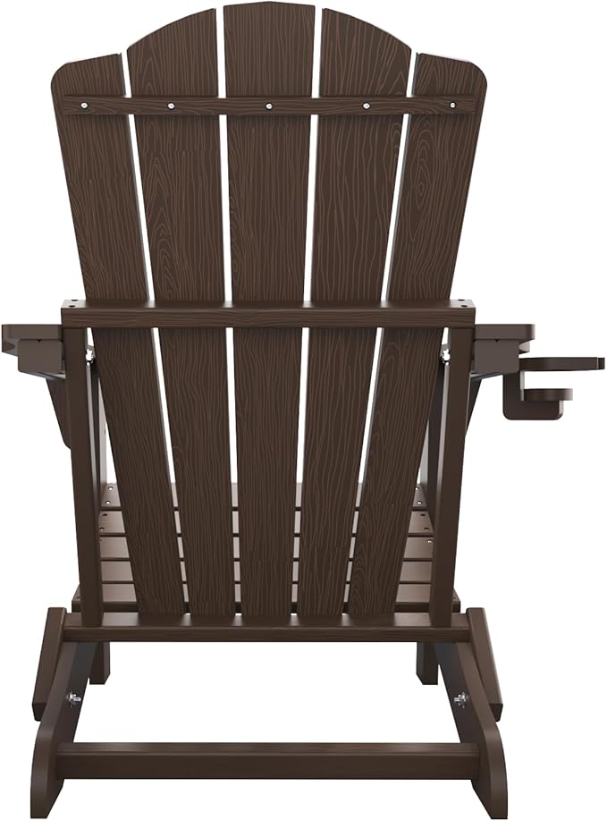 THOEOE Folding Adirondack Chair Set of 2, HDPE All-Weather Outdoor Chair with Cup Holder, Wooden Textured, Fire Pit Chair, Plastic Patio Chair for Deck, Backyard, Garden, Lawn, Brown