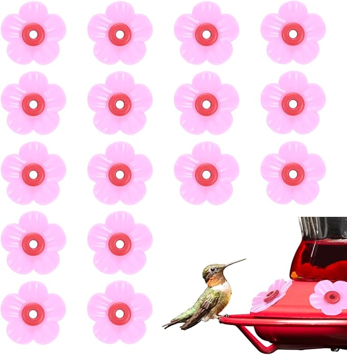 M METERXITY 16-Pack Hummingbird Feeder Replacement Flowers, Plastic Pet Hummingbird Feeding Parts Feeding Ports for Outdoor Hanging Feeders, Bees Guards [Rose Pink, Red]