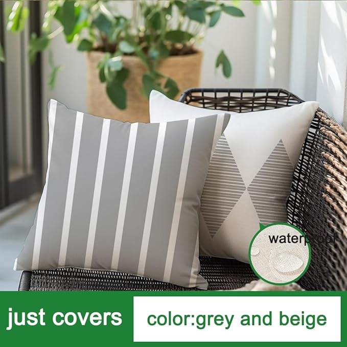 RABUSOFA Outdoor Pillow Covers 18x18 inch Waterproof,Gray and White Boho Set of 4 for Patio Furniture Sunbrella Couch(2G-18) (18" x 18" (Pack of 4))