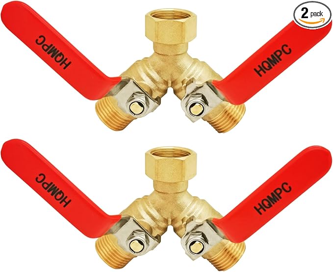 HQMPC Garden Hose Y Valve Splitter Brass Hose Splitter With Stainless Steel Long Handle Brass Garden Hose Adapter 2 Way Y Valve 3/4" GHT Thread 2pcs