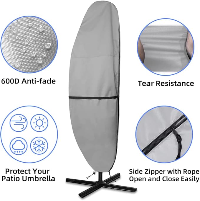 Patio Parasol Cover - 600D Waterproof, Anti-UV Fits 7.5-11.5 Feet Offset Umbrella（Gray）