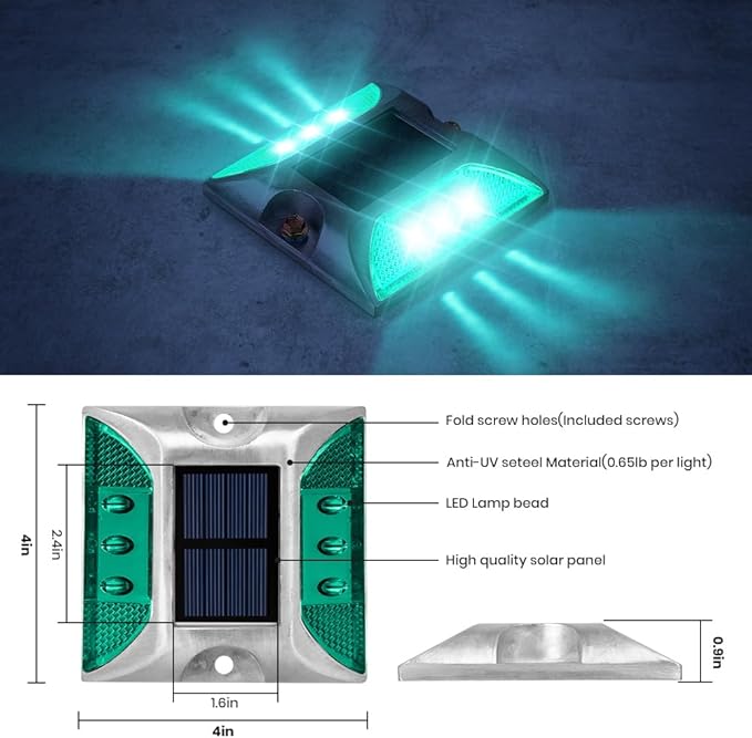 Solar Road Stud, 8PCS Green, LED, IP68 Waterproof, Automatic, Modern Style, 4.13"L x 4.13"W x 0.91"H, Solar Powered, 1.2V, 600mAh Battery