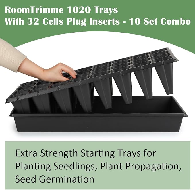 RooTrimmer 10 Pack 1020 Trays No Holes and 10 Pack 4.3" Deep 32 Cell Seed Starter Trays, 20" x 10" - Heavy Duty Plastic Nursery Flats for Seed Germination & Plant Propagation (10 Sets)