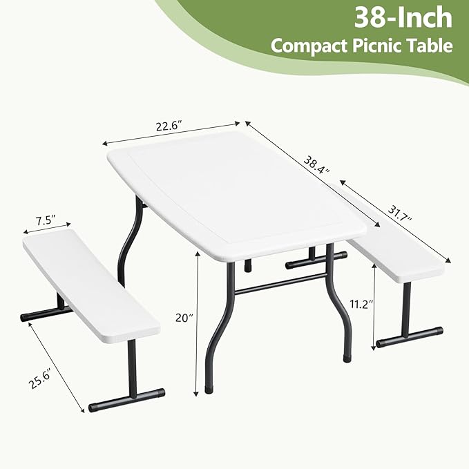 Kids Picnic Table with Benches, 38" Outdoor Toddler Table Set for 4 Children, Heavy Duty HDPE Play Table, 300LBS Capacity, Kids patio table and Chairs for Backyard, Park, Garden, Crafting and Indoor