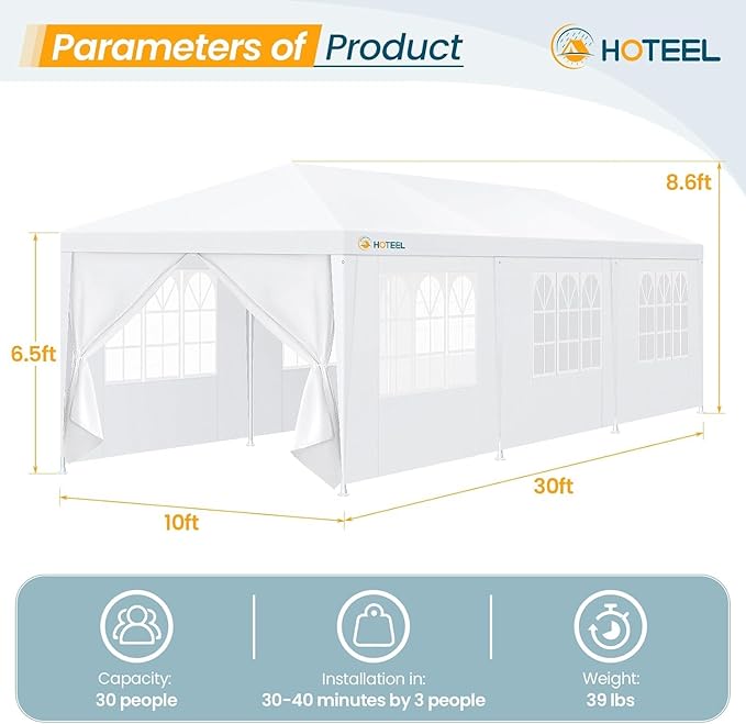 HOTEEL 10x30 Party Tent, 300 Sq Ft Outdoor Canopy with 8 Removable Sidewalls, 2 Zipper Doors, 16 Ropes and 36 Stakes, Carpas para Fiestas for Wedding BBQ Backyard Event, White
