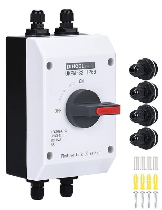 DIHOOL Solar Disconnect Switch,32 Amp DC1200V 4P Isolator,IP66 Outdoor,Cable Glands for 7-13 AWG Wire