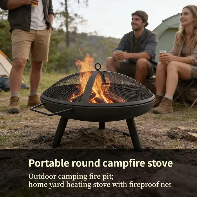 23inch Portable Fire Pit with Fire Poker and Spark Screen, 2 in 1 Small Round Outdoor Fireplace for Outside Heating, Bonfire Party, Camping, Backyard, Patio, Garden, RV Trip