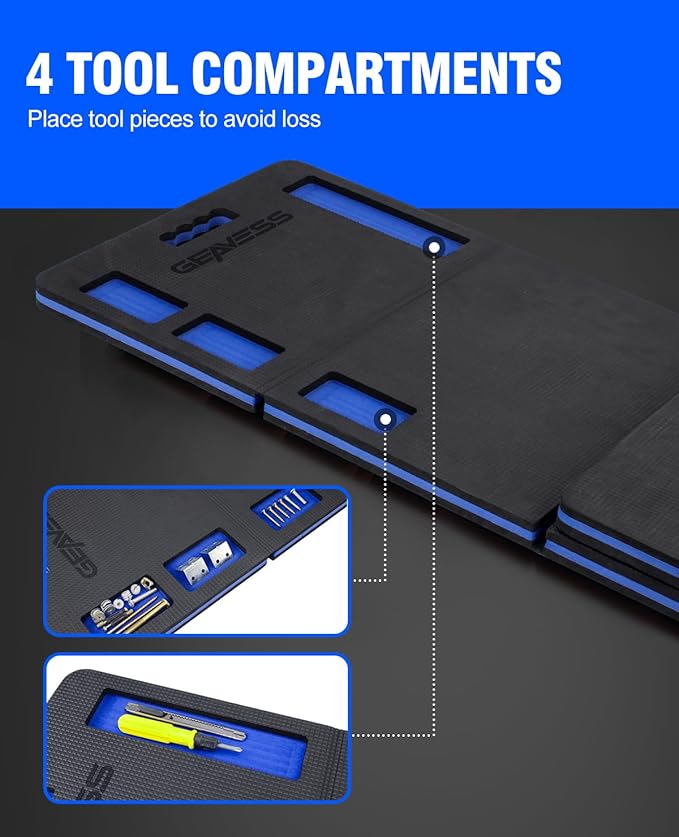 1.1" Foldable Kneeling Pad, Large Supportive Mechanic Mat with Storage Strap & Tool Tray, Extra Thick Comfortable Foam Knee Pad for Gardening, Garage, Workshop Repairing, 47.2"x15.7"