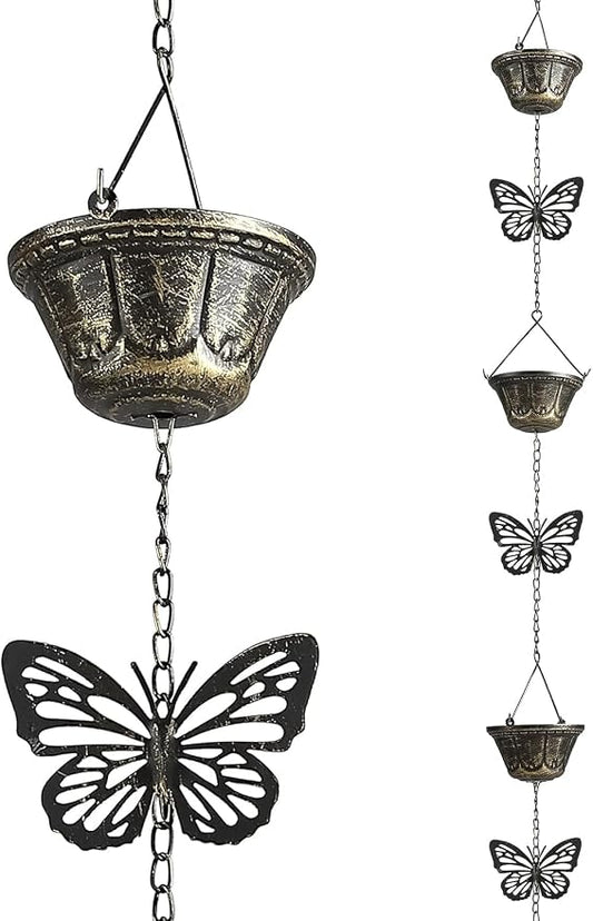 8.5FT Rain Chains for Gutters Downspouts, Butterfly and Cup Rain Gutter Chain, Functional and Decorative Replacement Rainchains for Downspout, Metal Rain Catcher Chimes for Outside, Vintage Copper