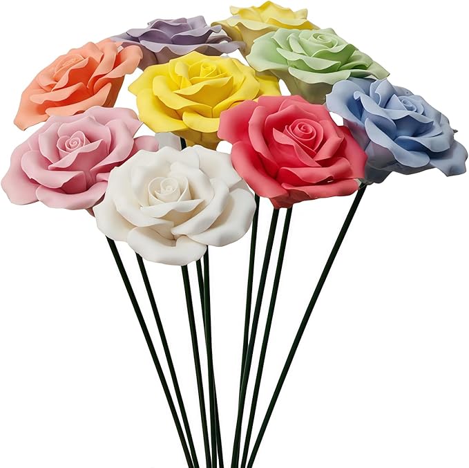Handmade Porcelain 3D Ceramic Rose Flower, Eternal Flower Decoration for Home Office Decor, Creative Desktop vases, Porcelain Decorations, Exquisite, Set of 9(Colour)