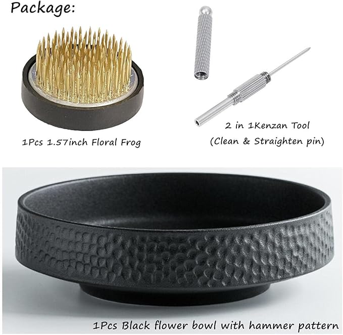 Japanese Ikebana Vase Kit, Flower Shallow Container Ceramics Ikebana Vase with 1.57inch Flower Frog and Floristry Floral Frog Kenzan Needle Straightening Tool (Hammer Pattern Bowl)
