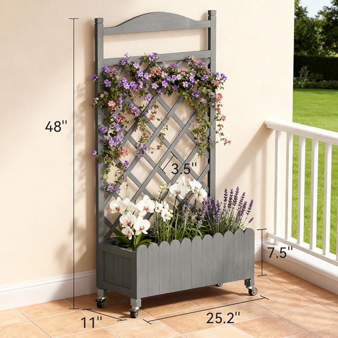 COMHOMA Raised Garden Bed with Trellis and Wheels,48Inch Elevated Planter Box with Drainage Holes,Lattice Privacy Screen for Climbing Plants Vegetables,Outdoor for Patio Balcony Yard,Gray