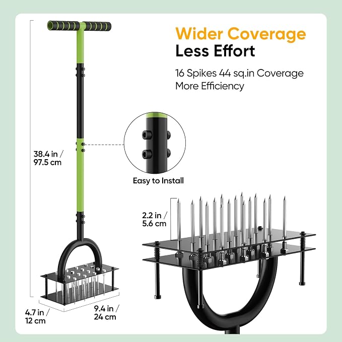 Grenebo Lawn Aerator Manual Aerator Lawn Tool with 16 Spikes, Metal Grass Aerator for Yard, Lawn Aeration, Automatic Soil Ejection, Pre-Assembled Lawn Aerator Tool (Black Green)