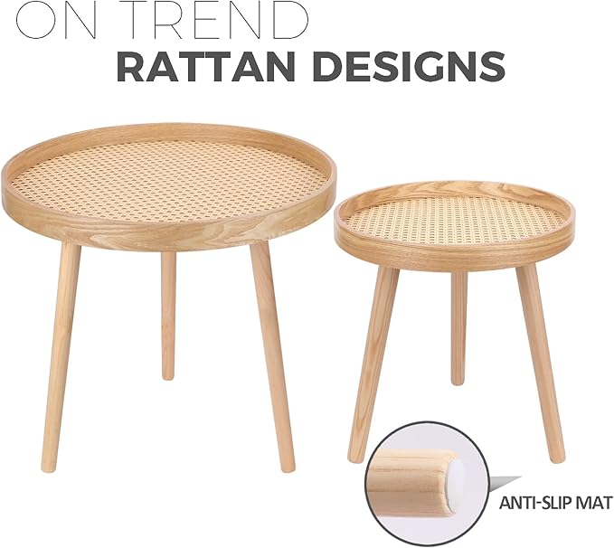 Round Coffee Table Set of 2, Natural Boho Coffee Tables, Small Mid Century Modern Rattan Coffee Table, Boho Side Table End Tables for Living Room Bedroom Office