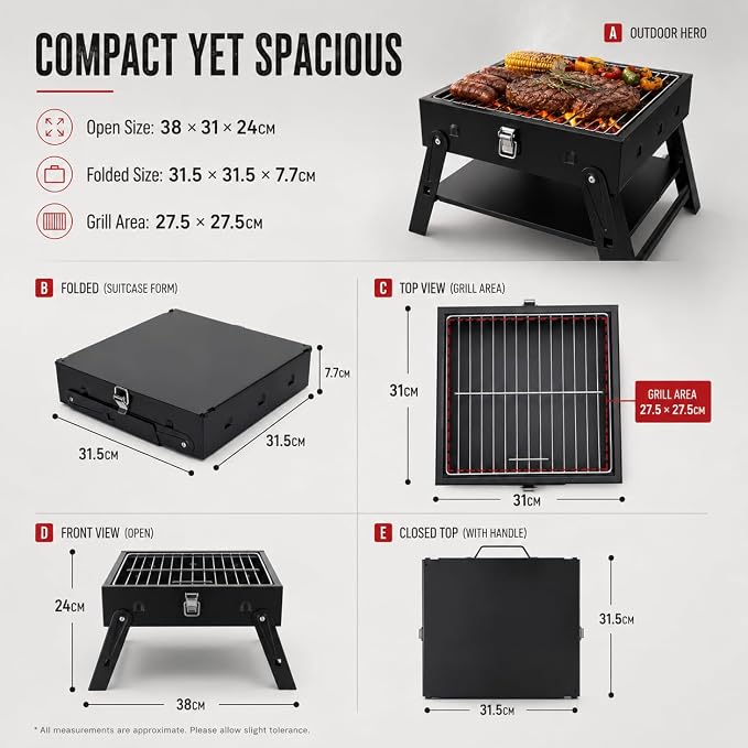 Small Portable BBQ Charcoal Grill: Mini Foldable Table Top Barbecue Grills with Fire Starter Kit and BBQ Grilling Tool Set, Fathers Day Birthday Grilling Gift for Men Dad Husband