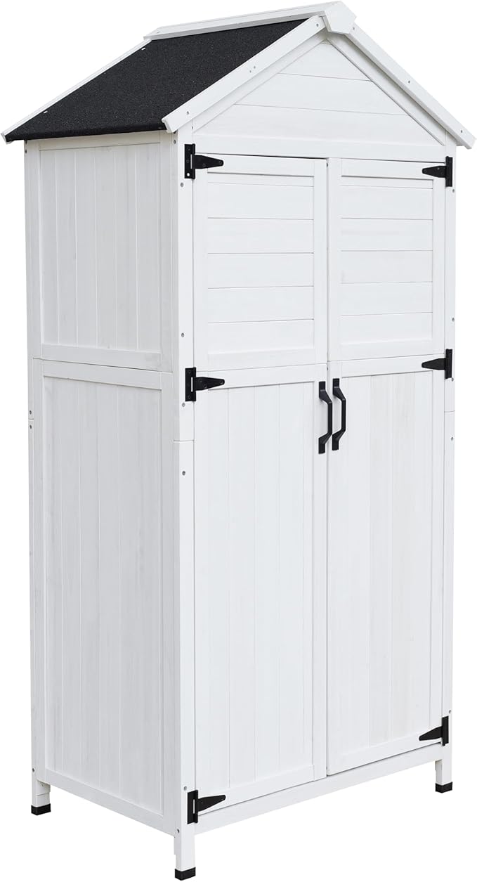 Christopher Knight Home Neapo 67" Outdoor Storage Shed, Spacious Storage Garden Tools Shed, Fire Wood Tall Sheds, Two Open Doors, Wooden Panel Design, Easy Organize Lawn Mowers, Shovels, Pots, White