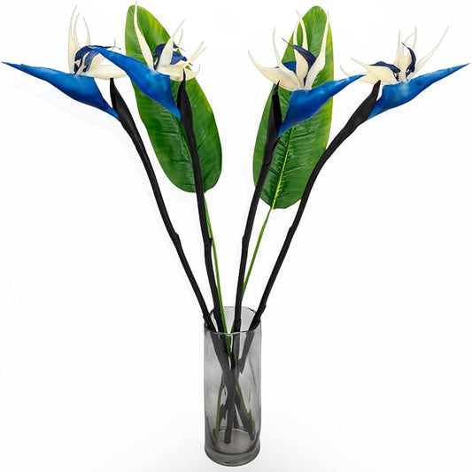 Artificial Bird of Paradise Flowers Real Touch 31.5'in Long Stem Flower 4 Pcs, with Bird of Paradise Leaves 33.5'in Long Stem Greenery Plants 2 Pcs,for Home Garden Wedding Party Decor (Blue 6 Stems)