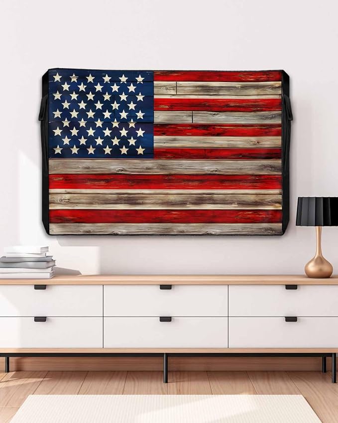 American Flag Outdoor TV Cover 52 to 55 Inch Weatherproof, Vintage Red Stripes Wooden 600D Oxford TV Covers with Zipper, USA Flag Outside Flat TV Screen Protector Size 52"W x 19"H x 4.5"D