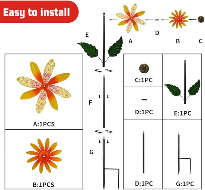 Viveta Sunflower Wind Spinner,13.7 * 58" Metal Wind Sculpture, Flower Garden Spinner,Pinwheel Decor for Yard and Garden Lawn Patio
