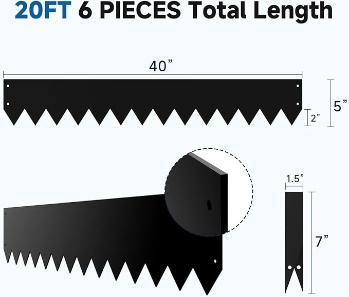20Ft.Galvanized Steel Landscape Edging(6-Pack)-5"x40" Metal Garden Edging,7 Clips&Gloves,Hammer-in,No Dig,Rustproof,for Landscaping,Tree Rings,Garden,Yard&Pathway–Black