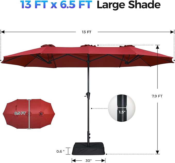 SUPERJARE 13FT Outdoor Patio Umbrella with Base Included, Double Sided Pool Umbrellas with Fade Resistant Canopy, Large Table Umbrella for Deck, Market, Backyard - Burgundy