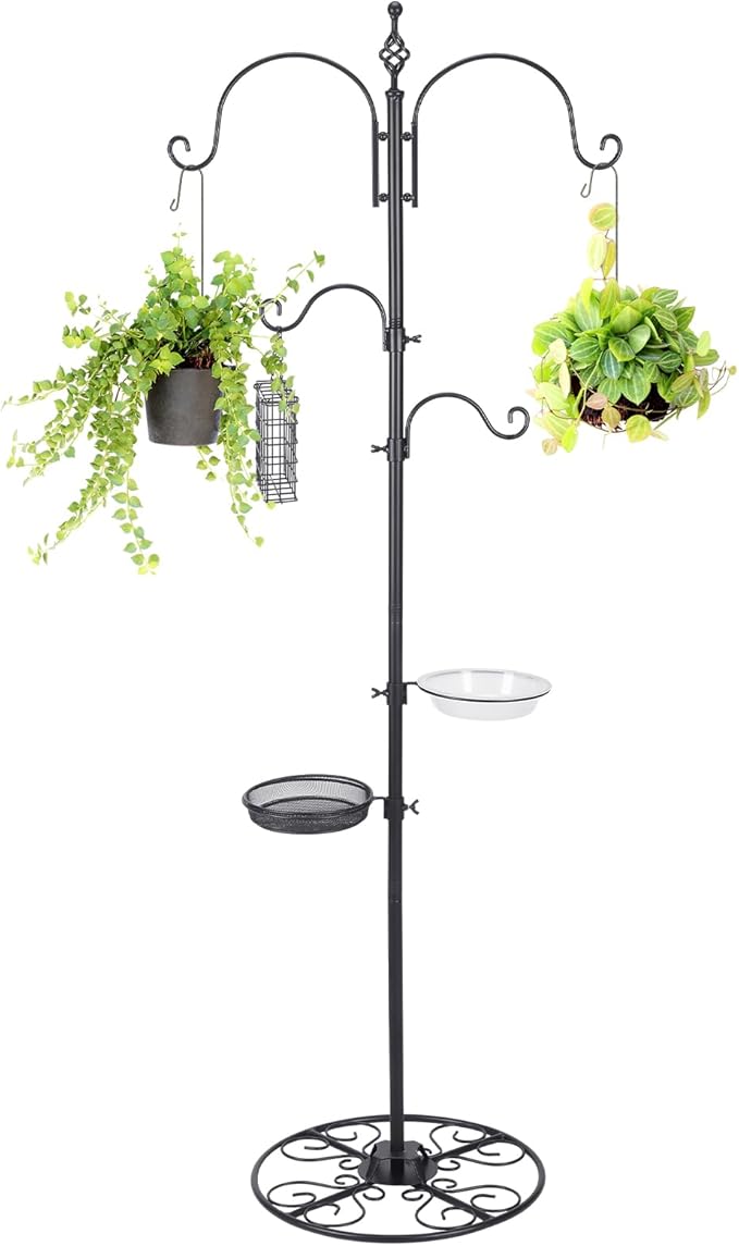 MorningRo Adjustable Shepherd Hook Stand, 34"- 55" Black Iron Shepherd Hook with Base for Plant Hanging, Wind Chime & Bird Feeder - Outdoor Garden Porch Decoration(Basic Style)