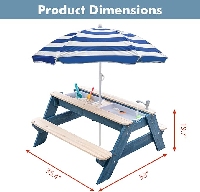 Kids 3-in-1 Sand & Water Table, Wood Outdoor Convertible Picnic Table w/Umbrella, 2 Trays, Removable Top with Faucet, Picnic Table for Outdoor Playset (Blue/Navy)