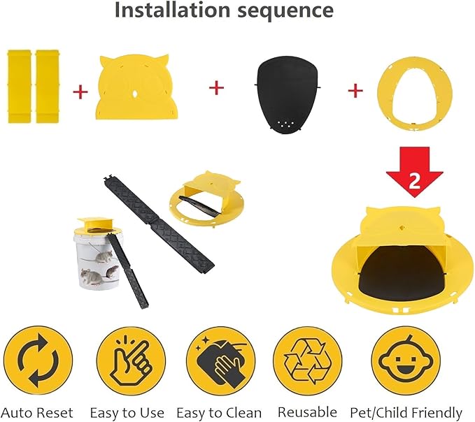 Mouse Bucket Trap, Auto-Reset Bucket Lid Mouse Trap, 5-Gallon Compatible, Efficient for Mouse Rat Indoor and Outdoor(2Packs)