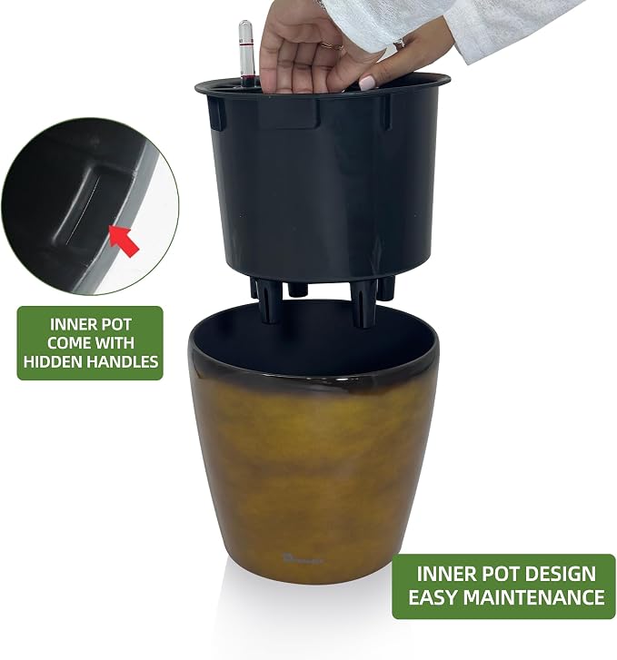 Dexceder 9x8 Self Watering Planter (Yellow Brown Gradient) | Inner Pot Design, Thickened Table Flower Plant Pot with Water Level Indicator Indoor Outdoor