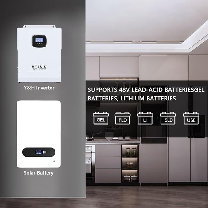 Y&H 5000W Hybrid Solar Inverter AC 120V to DC 48V, UL1741, Battery-Free Operation Supported, with 80A MPPT Charging 6000W PV Input, 11kW Peak, Lithium/Lead-Acid Compatible, for Home, RV, Off-Grid Use