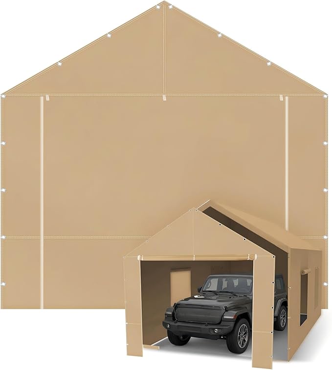 10 x 20 ft Carport Front Panel Tarp Khaki Canopy Shelter Replacement Cover with Opening Door Drill Holes on Both Sides Car Canopy Tent for Truck, Car, Boat